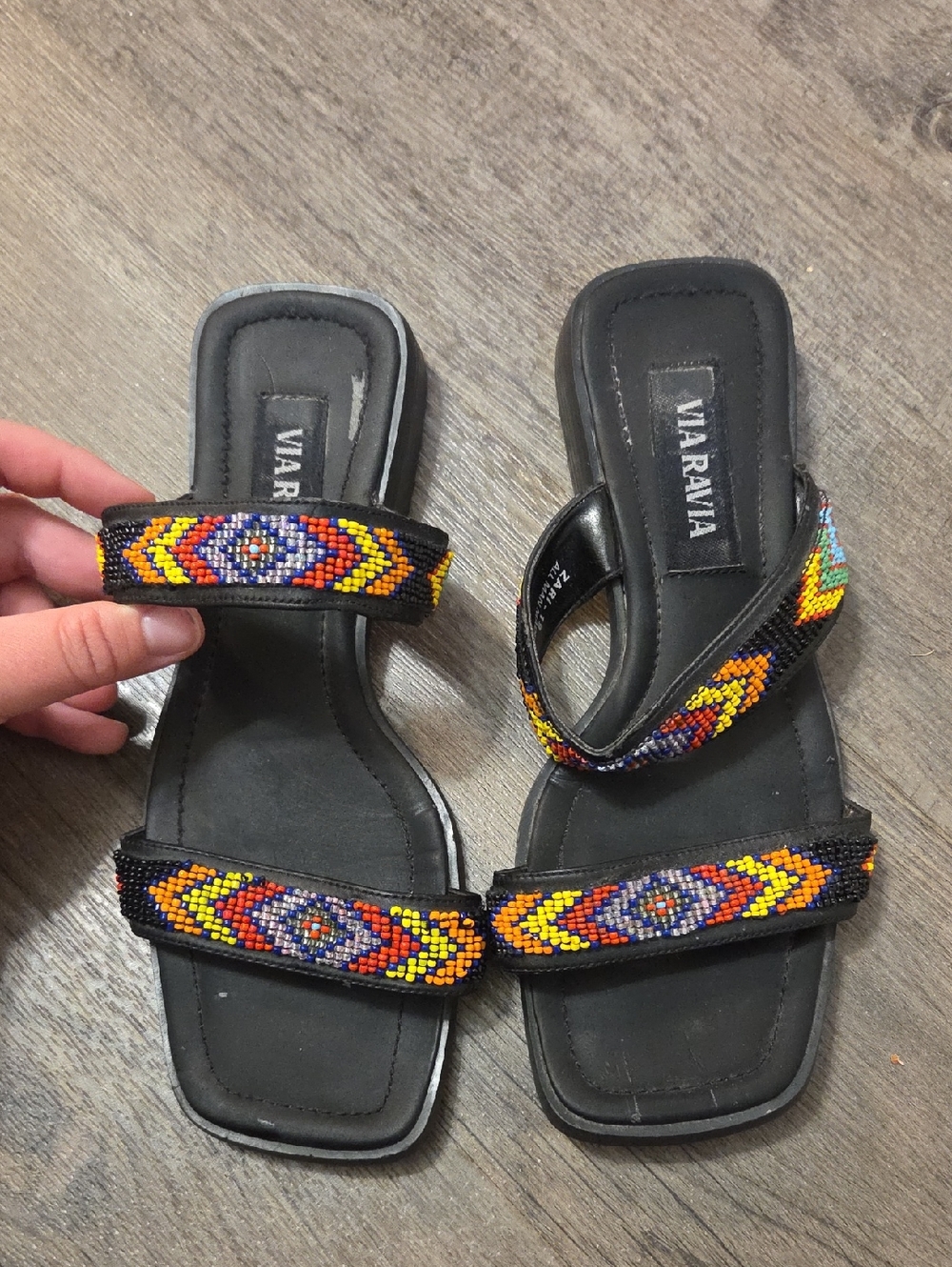 VNTG Via Ravia • Black Beaded Double-Strap Slide Sandals